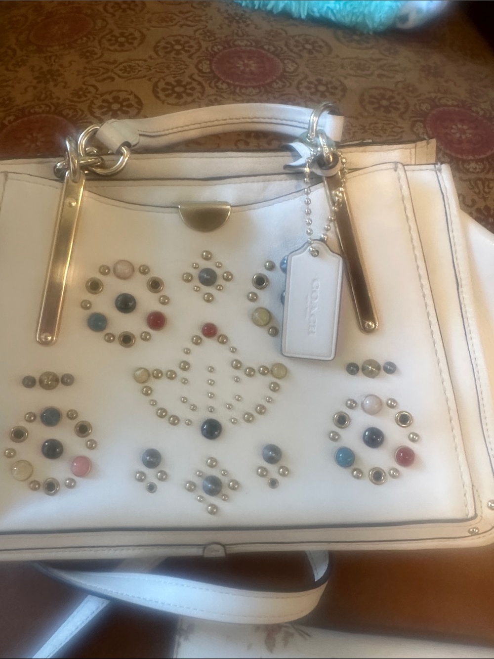 Coach White Leather Satchel with Multicolor Stud Accents